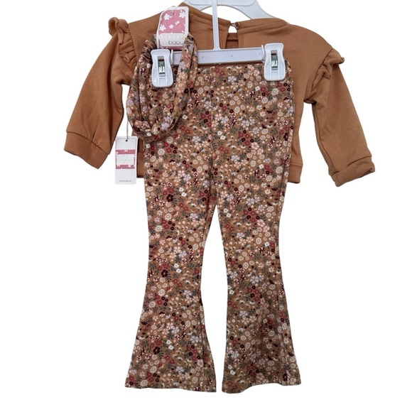Btween Camel Brown Floral Set 3PC Long Sleeve Top Flare Pants Baby Girl 12- 24M - Picture 4 of 8